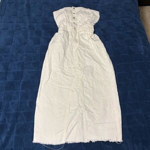 Forever 21 Women White Denim Strapless Midi Pencil Dress